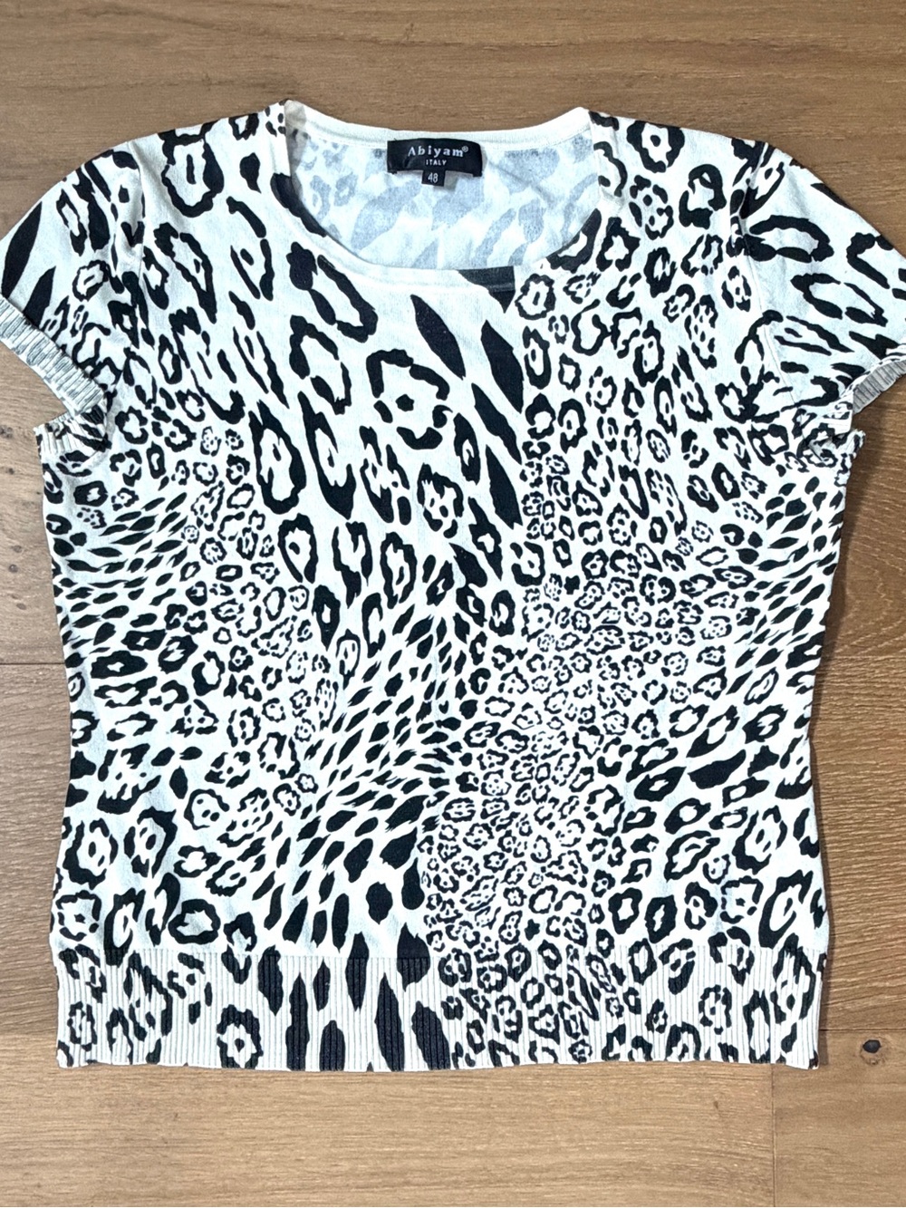 Leopard Print Cotton Knit Tee Black White Short Sleeve EU 48/US Large Italy